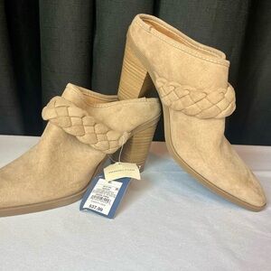 Women's Tan Braided Pointed-Toe Heeled Booties